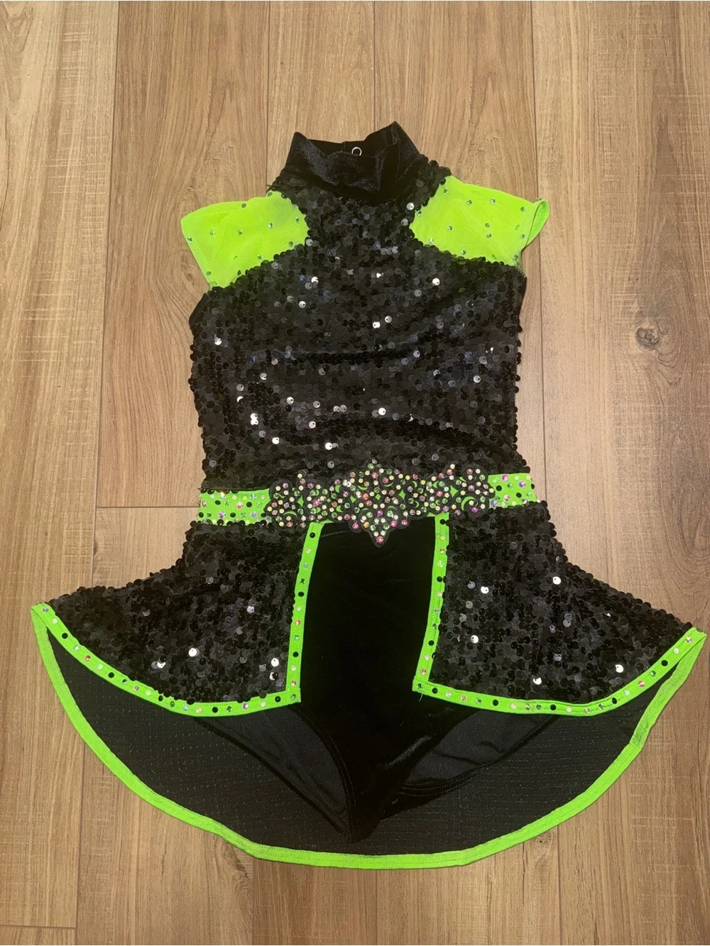 Weissman Black Sequin Dance Costume with Neon Green Trim